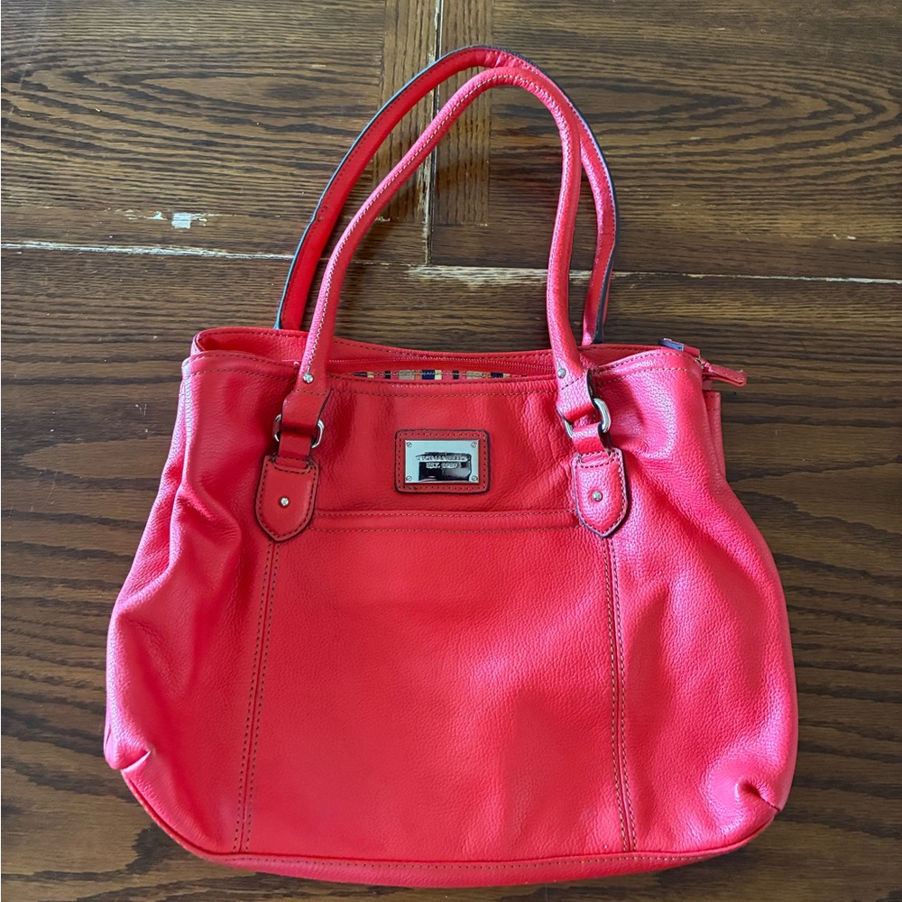 Tignanello Est 1989 Women's Shoulder Bag Purse Red Genuine Leather Large Stripes